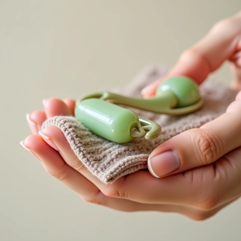 Close-up de mãos limpando jade roller e gua sha com pano macio.