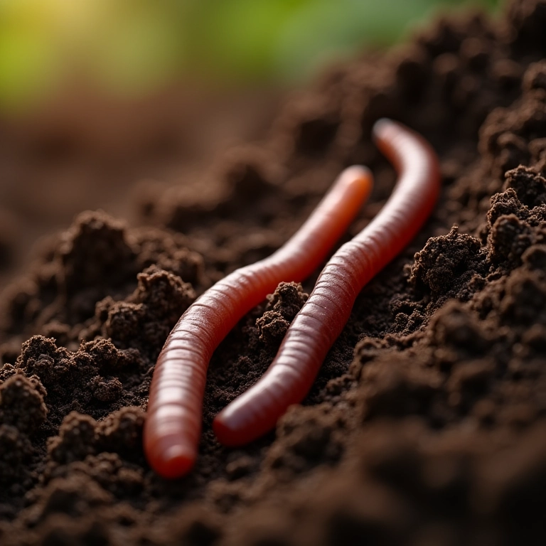 Close-up de minhocas no solo rico em matéria orgânica, destacando sua importância para a saúde do solo.