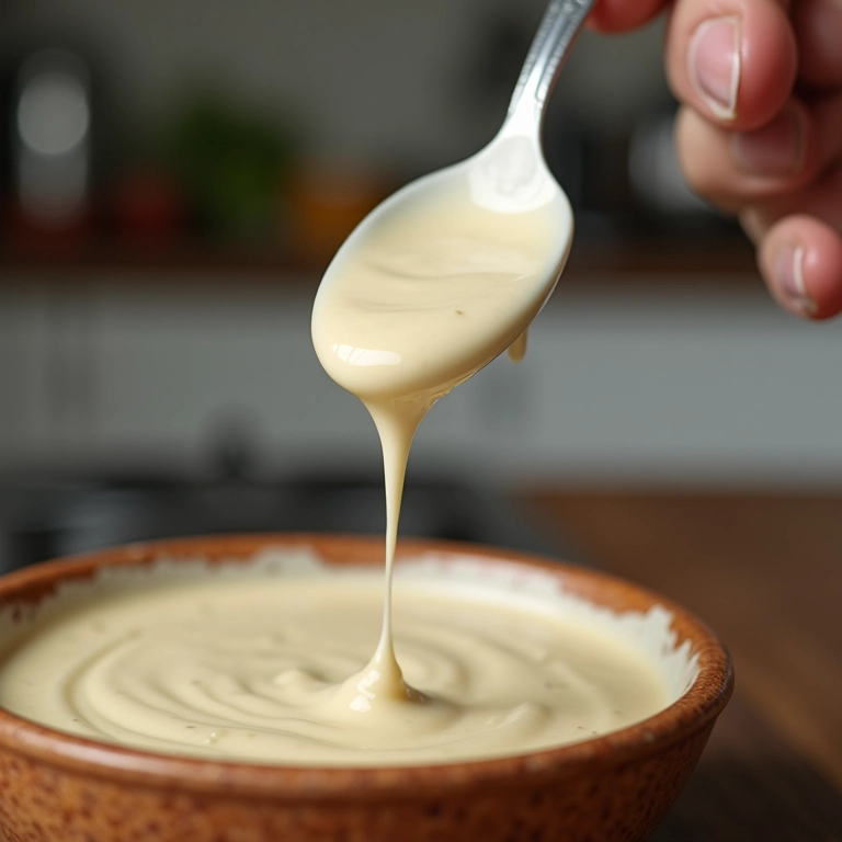 Close-up de molho branco cremoso escorrendo de uma colher.