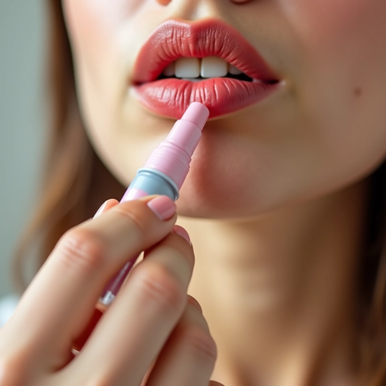 Close-up de mulher aplicando hidratante labial.