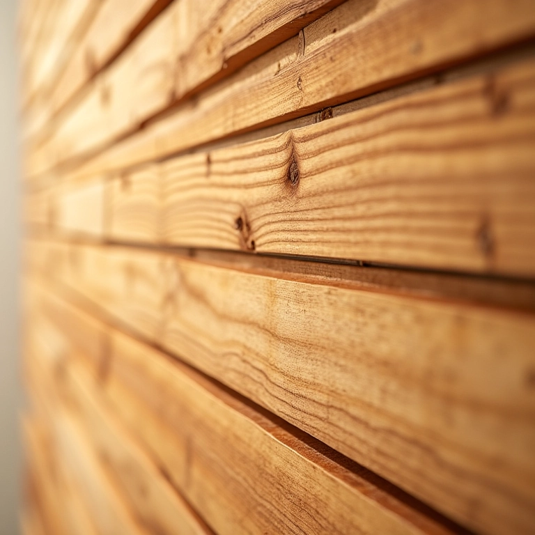 Close-up de parede com ripado de madeira natural.