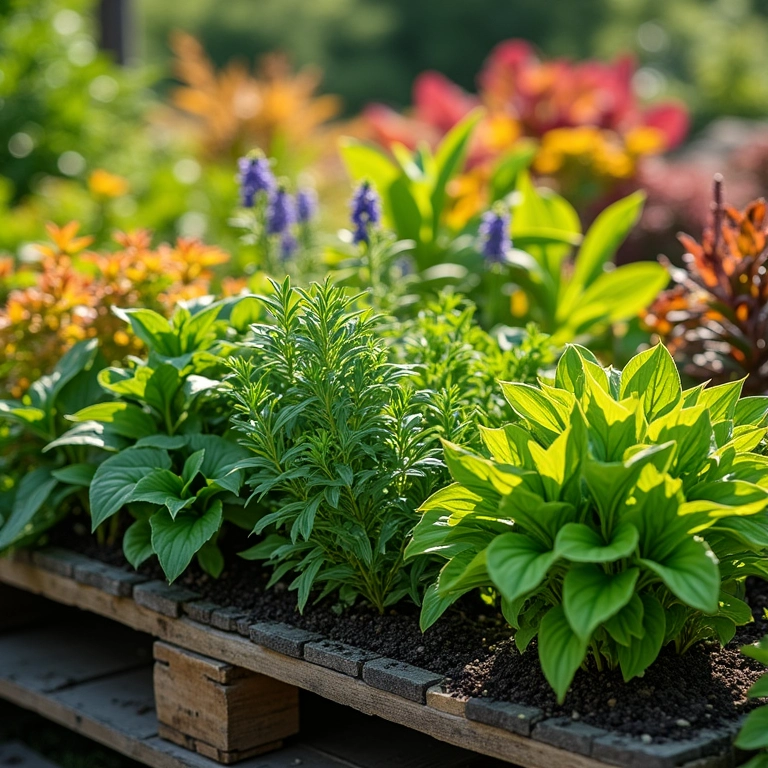 Close-up de plantas diversas em jardim vertical de pallet, cores vibrantes.