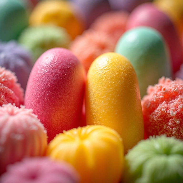 Close-up de produtos sólidos da Lush, embalagens coloridas.