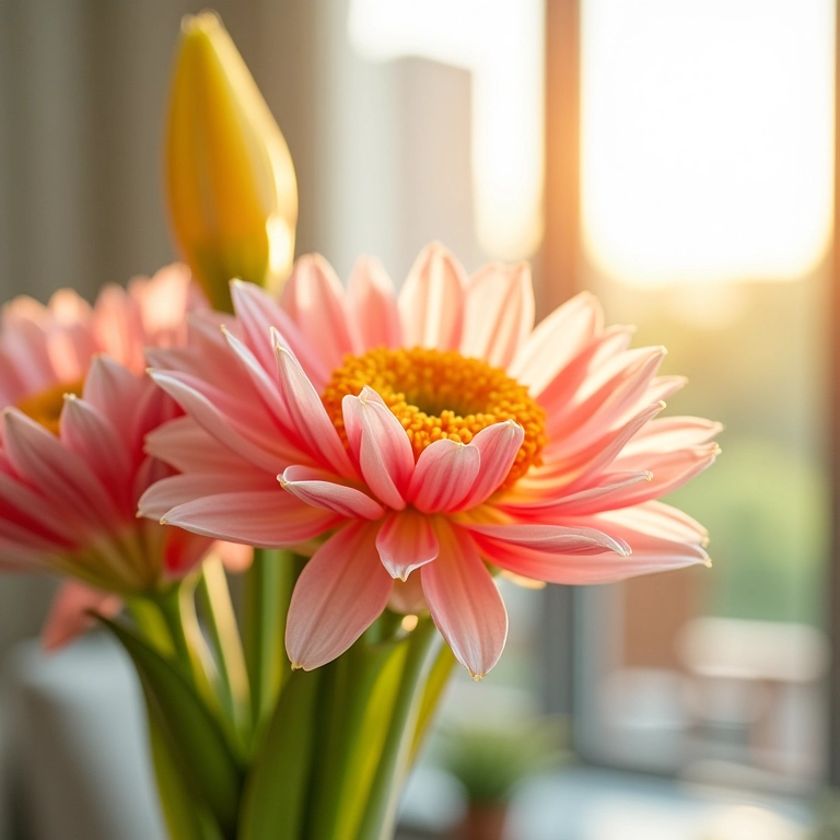 Close-up de um arranjo de flores artificiais com cores harmoniosas em sala ensolarada.