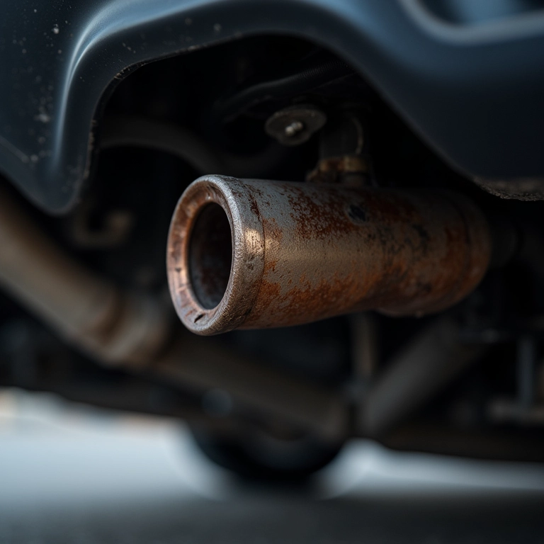 Close-up de um catalisador automotivo corroído sob um carro.