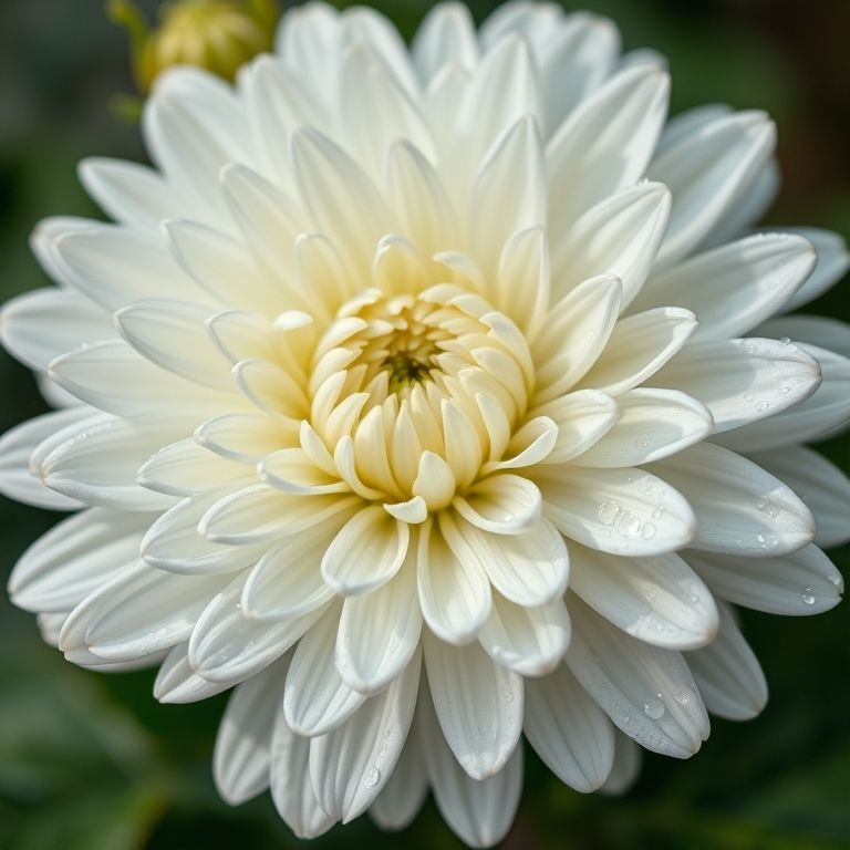 Close-up de um crisântemo branco com gotas de orvalho.