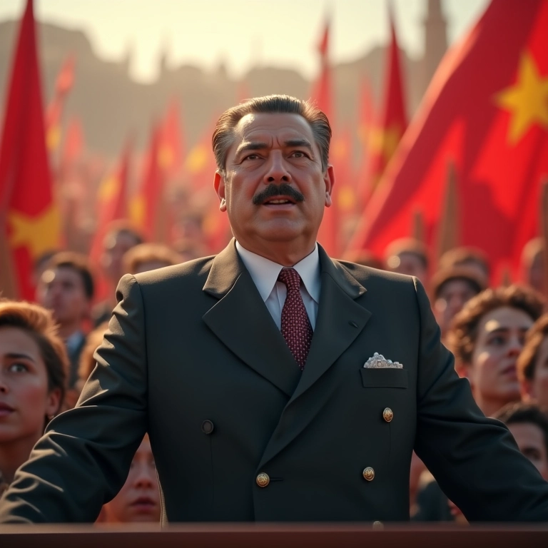 Close-up de um ditador com rosto severo discursando em um grande comício, com bandeiras e pessoas o adorando.