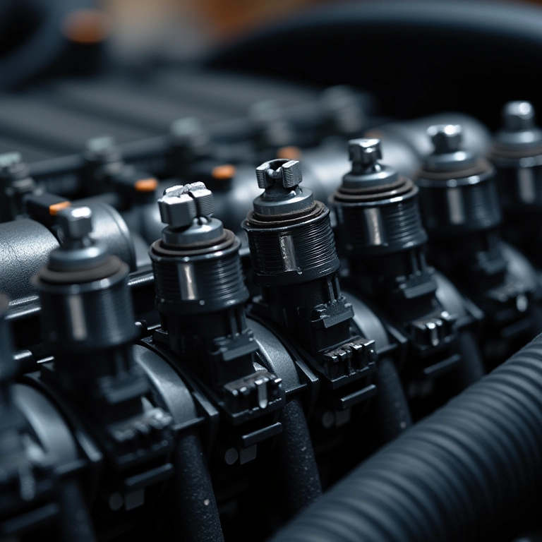 Close-up de um motor a gasolina, mostrando injetores e velas.