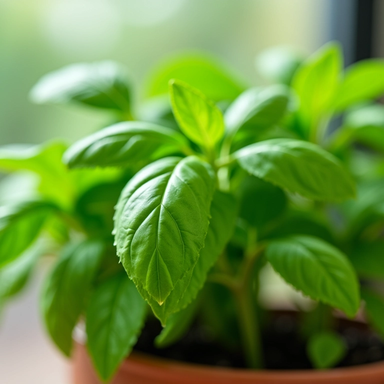 Close-up de um vaso com um exuberante manjericão.