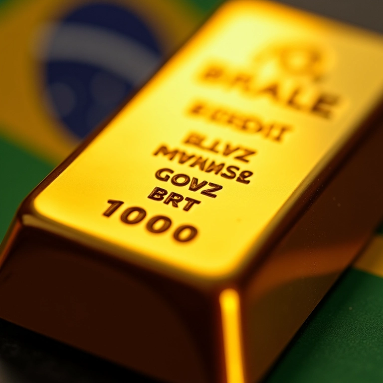 Close-up de uma barra de ouro refletindo a luz solar com a bandeira do Brasil ao fundo.