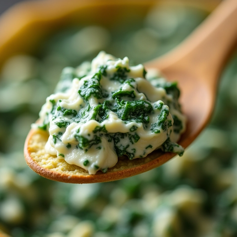Close-up de uma colherada de recheio cremoso de ricota e espinafre.