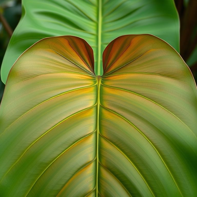 Close-up de uma folha de taioba mansa em formato de coração perfeito, com fundo vibrante.