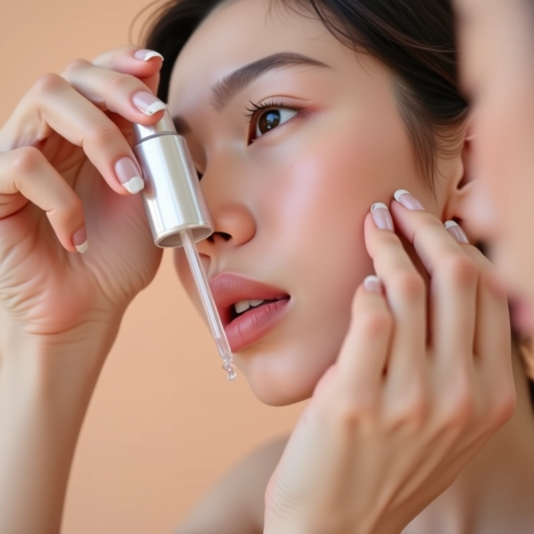Close-up de uma mulher aplicando sérum facial com um conta-gotas.