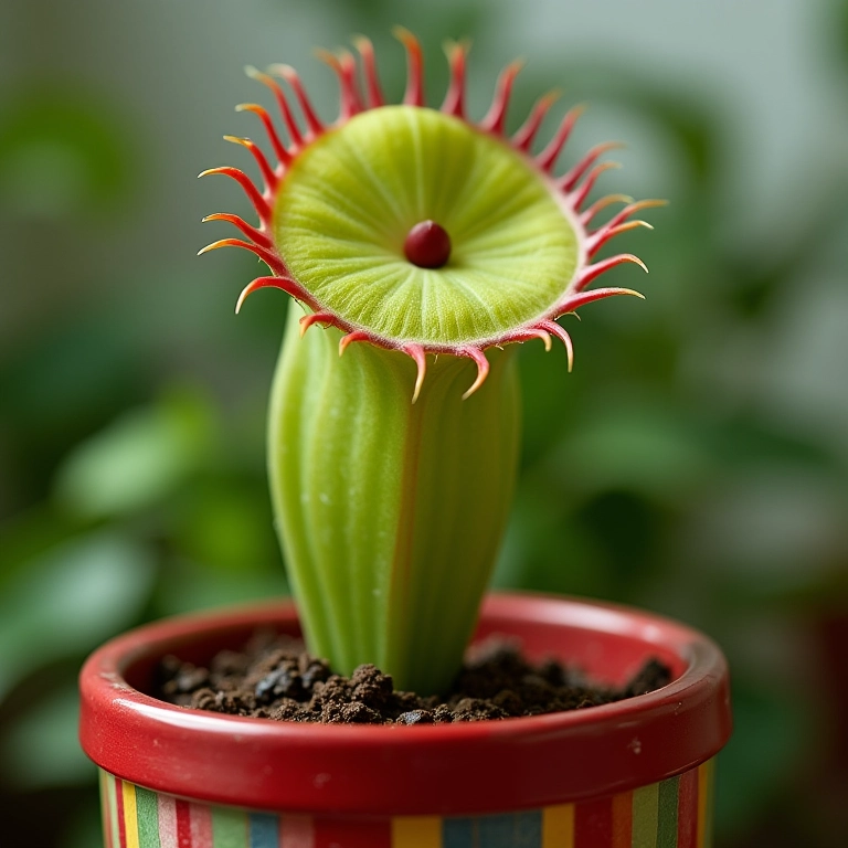 Close-up de uma Venus Flytrap (Dionaea muscipula) saudável em um vaso colorido.