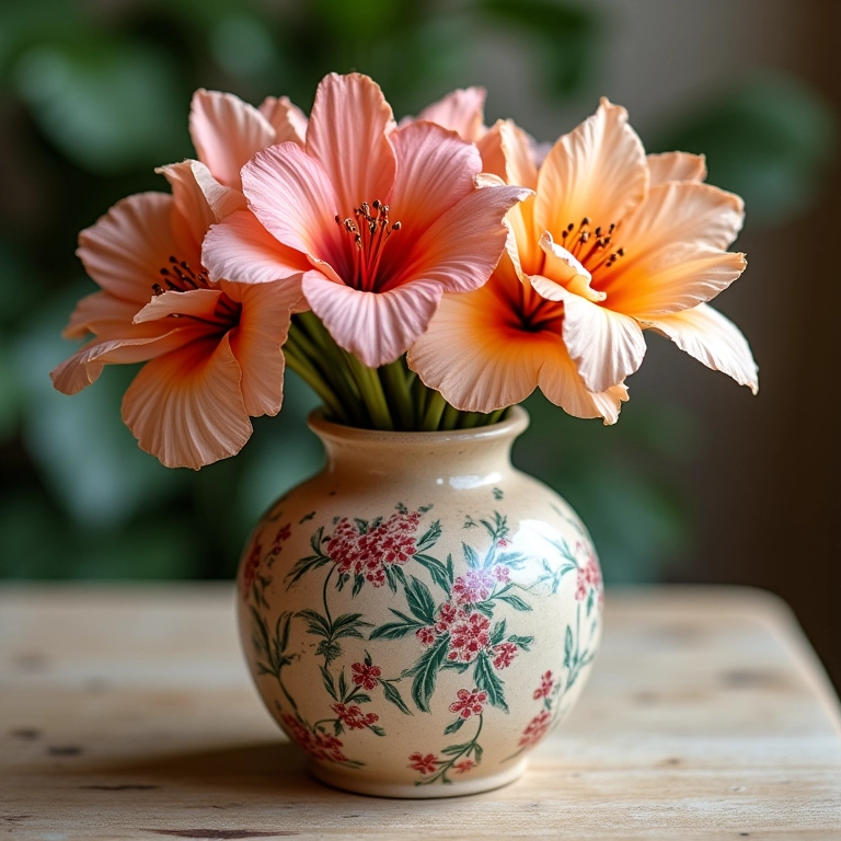Close-up de vaso com decoupage de guardanapos florais em estilo artesanal brasileiro.