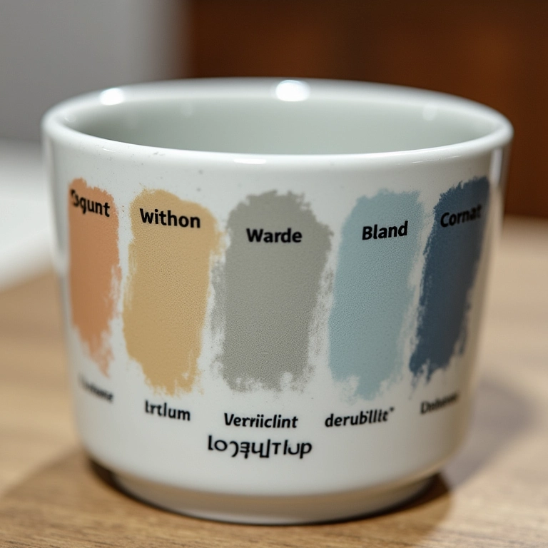 Close-up de vaso de cerâmica com diferentes tipos de tinta e rótulos visíveis.