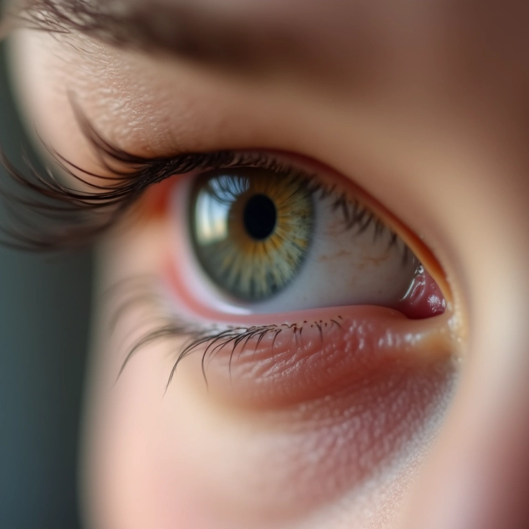 Close-up do olho de uma mulher com lente de contato, mostrando leve vermelhidão.