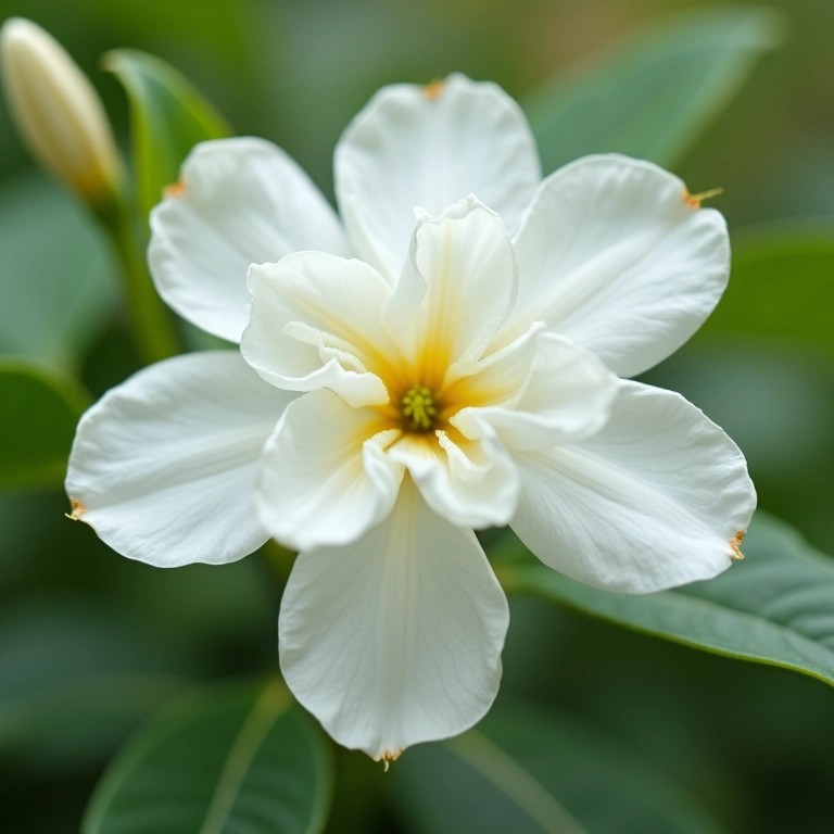 Close-up elegante de Jasmim-do-Cabo, flores brancas e perfume intenso.