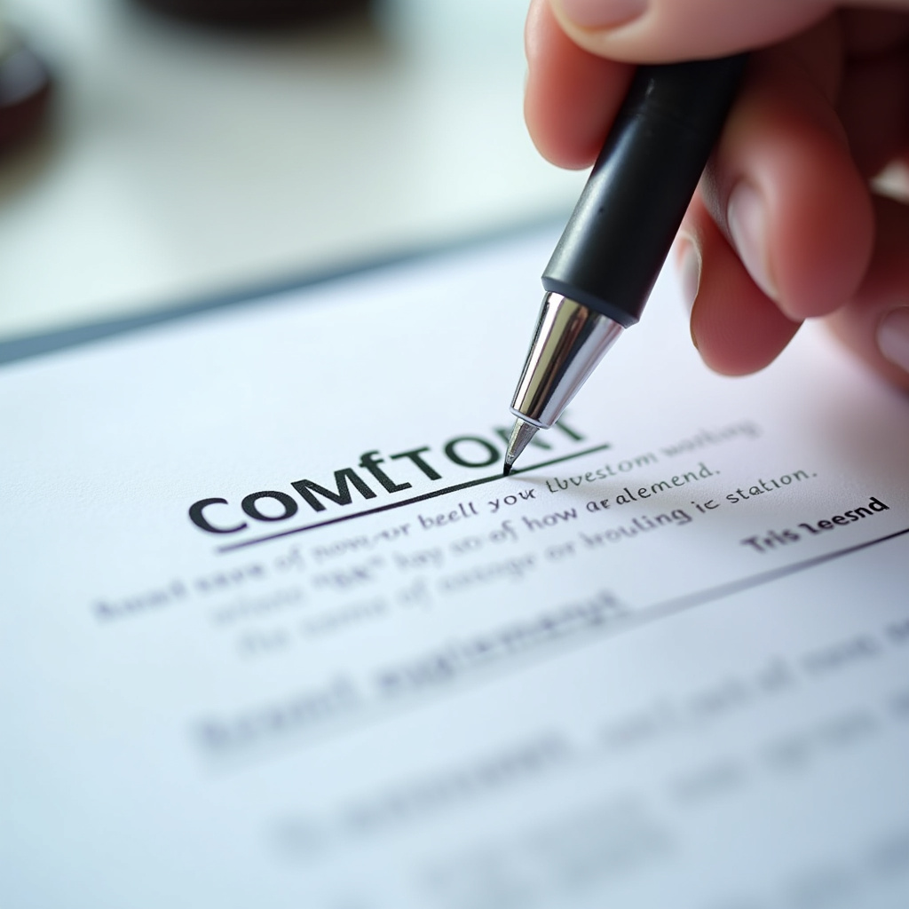 Close-up of a contract being reviewed with a pen highlighting key clauses. Legal document, business Entendendo o contrato com agência de site.