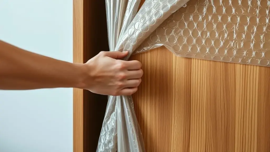 Close-up shot of hands carefully wrapping a wardrobe door with bubble wrap, preparing it for Protegendo porta de guarda-roupa com plástico bolha para transporte seguro. Evite prejuízos!