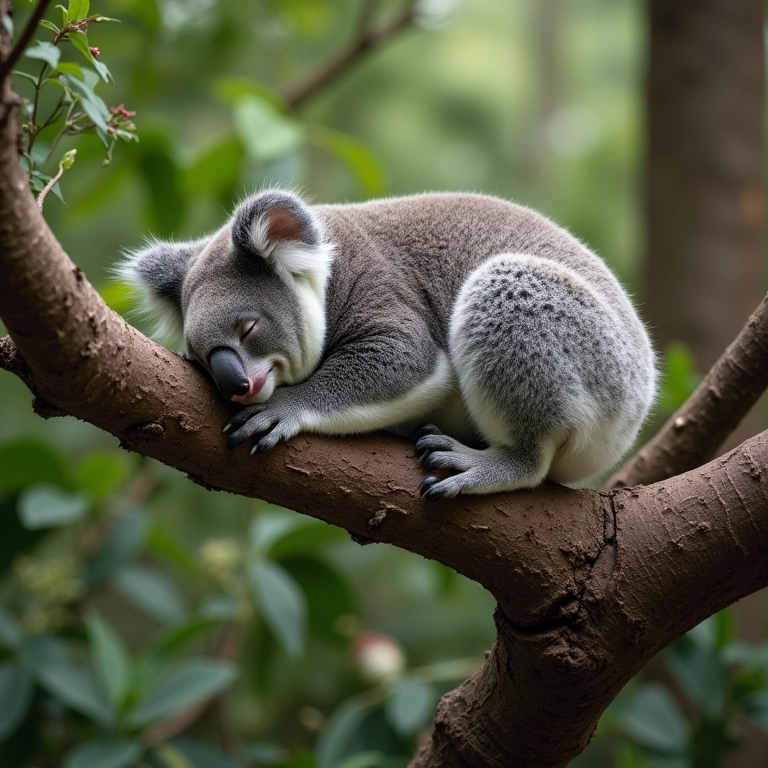 Coala dormindo profundamente em um galho de eucalipto.