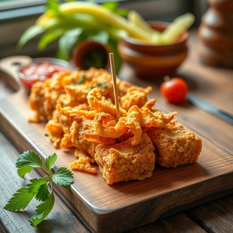 Cocada de amendoim crocante em uma tábua de madeira, com cores vibrantes.