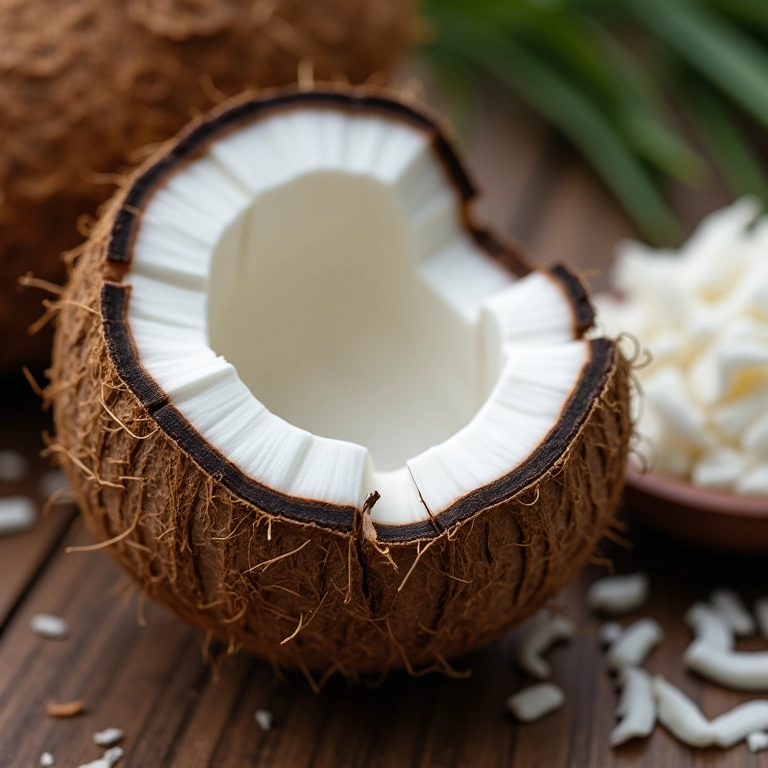 Coco fresco sendo aberto e coco ralado em uma tigela.