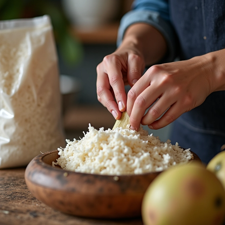 Coco fresco sendo ralado para o bolo de maracujá.