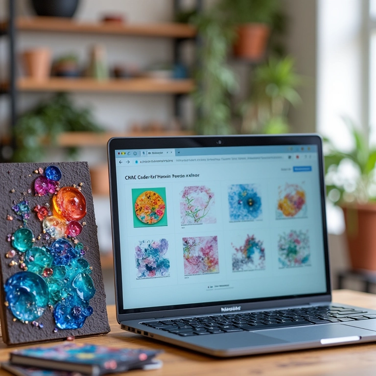 Códigos CNAE para artesãos em resina exibidos em um laptop.