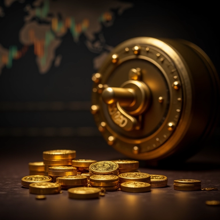 Cofre com barras de ouro e logo de banco representando CDBs seguros.