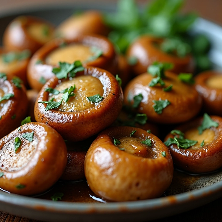 Cogumelos salteados ao alho e ervas em prato rústico.