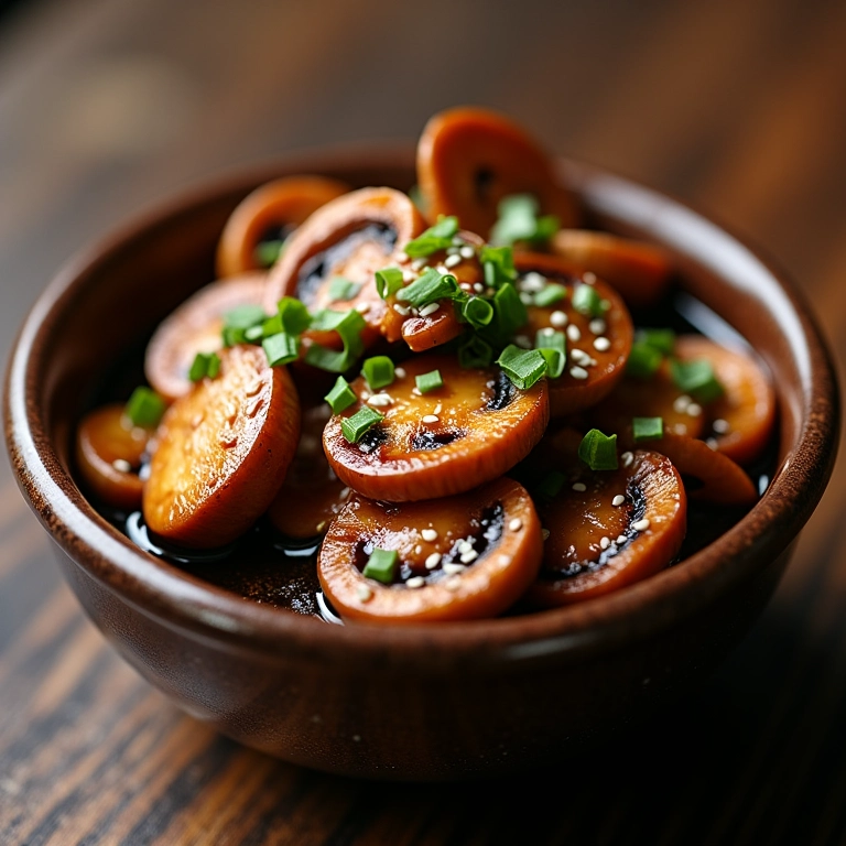 Cogumelos salteados com shoyu e gergelim em tigela.