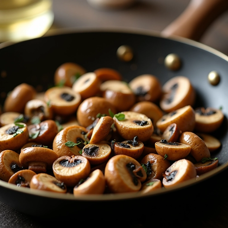 Cogumelos salteados com vinho branco em frigideira.