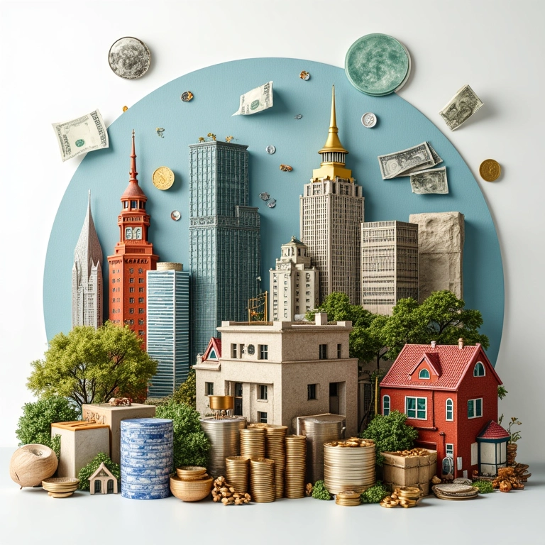 Colagem de ações, imóveis e moedas representando fundos multimercado.