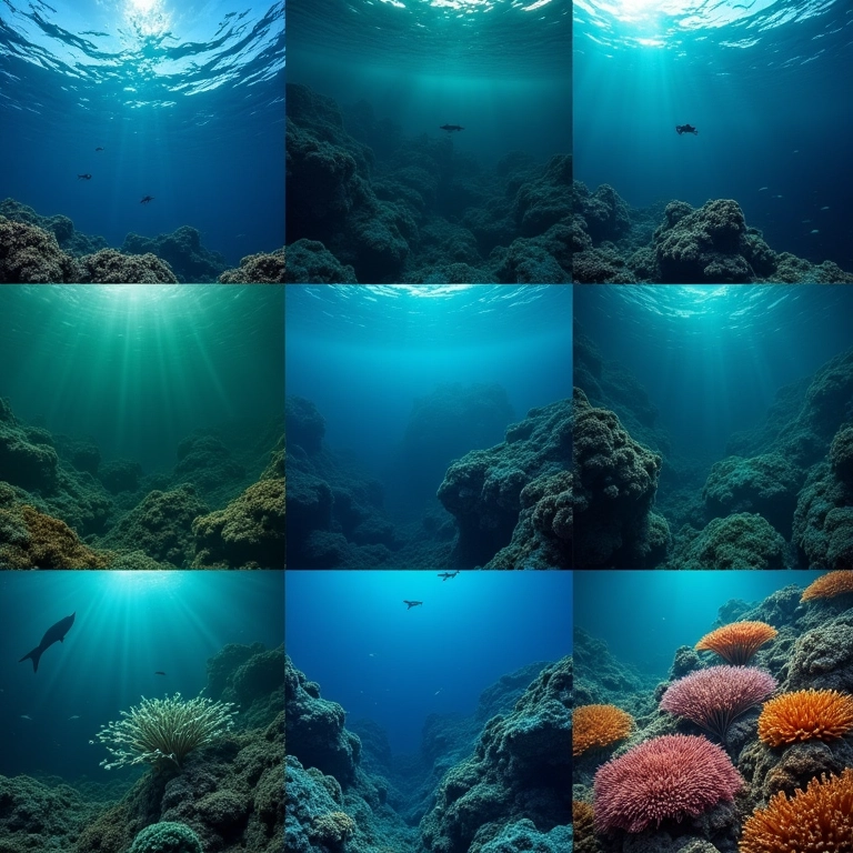 Colagem de diversas cenas oceânicas: águas azuis, áreas verdes turvas, profundezas escuras e recifes de corais.