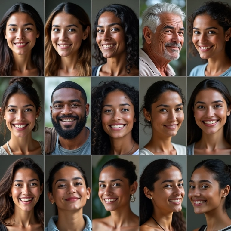 Colagem de perfis diversos de brasileiros sorrindo.