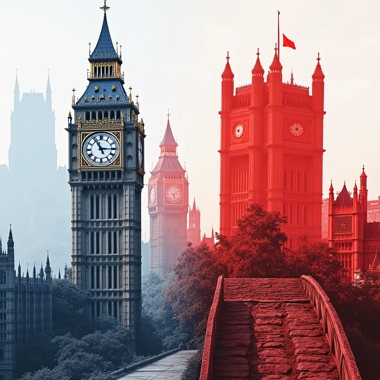 Colagem de símbolos culturais britânicos e chineses representando a influência cultural e econômica.