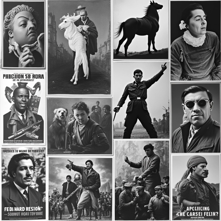 Colagem de símbolos nacionalistas e pôsteres de propaganda fascista da Itália, Alemanha e Espanha.