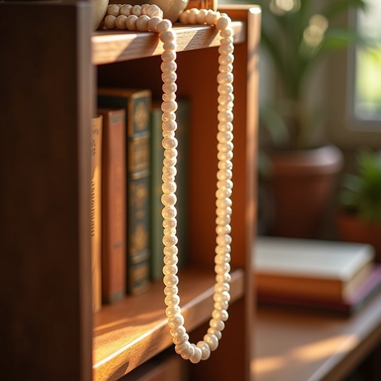 Colar de Pérolas decorando prateleira.
