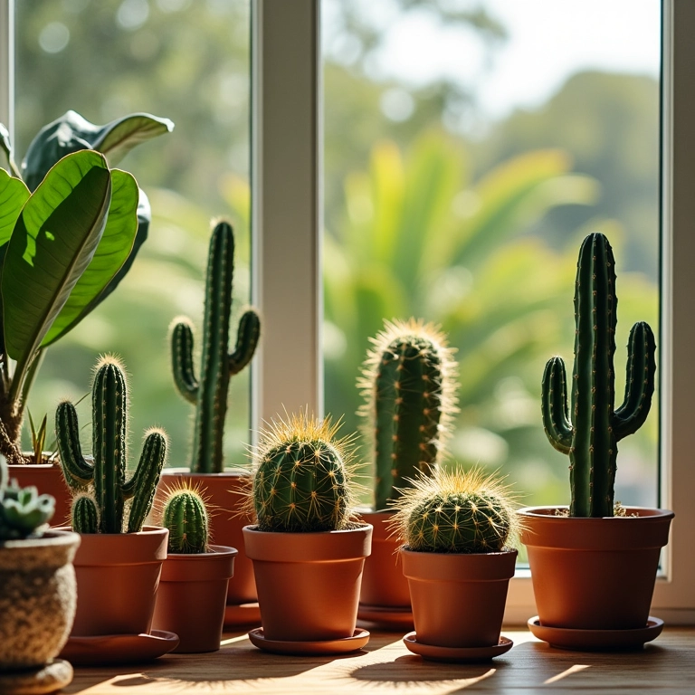 Coleção de cactos em vasos decorativos em uma varanda ensolarada no Brasil.