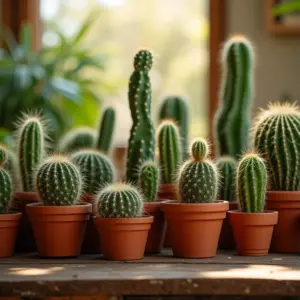 Coleção de cactos variados em vasos de terracota, sob luz natural, sobre mesa rústica com detalhes de design brasileiro.
