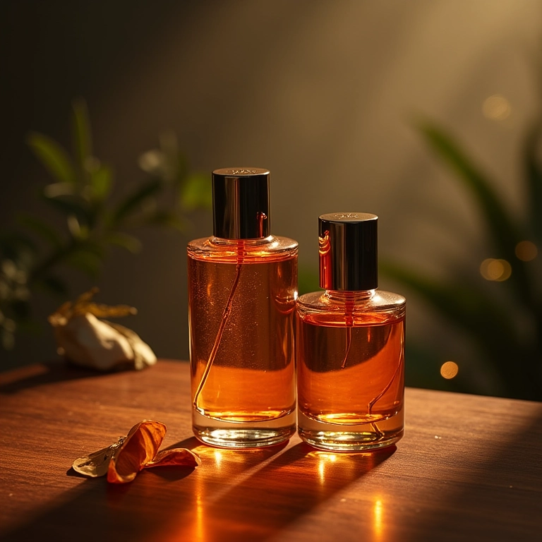 Coleção de perfumes com iluminação estratégica.
