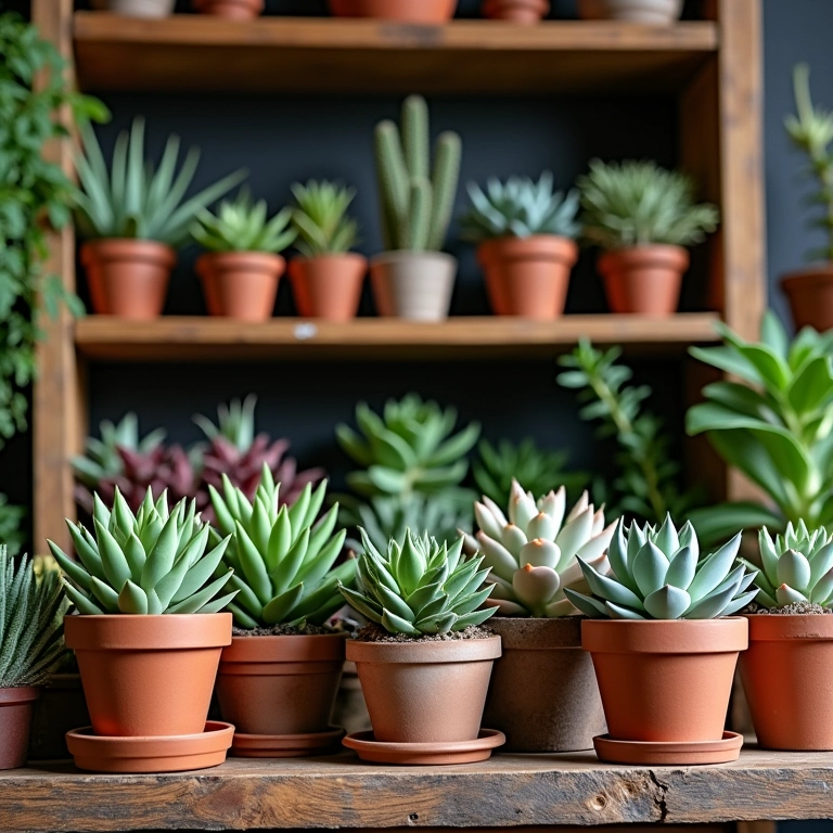 Coleção de suculentas Echeveria diversas em prateleira de madeira rústica.