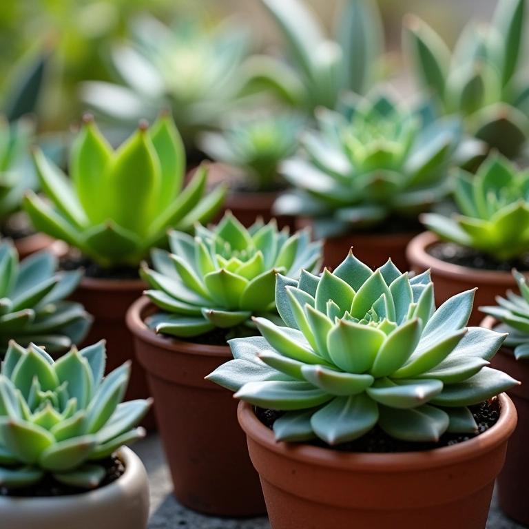 Coleção de suculentas em vasos decorativos, simbolizando amor eterno e resistência.