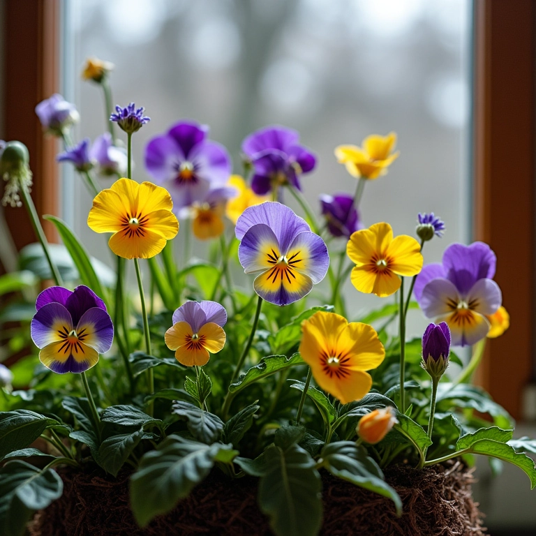 Coleção de várias flores de inverno em um jardim envidraçado.