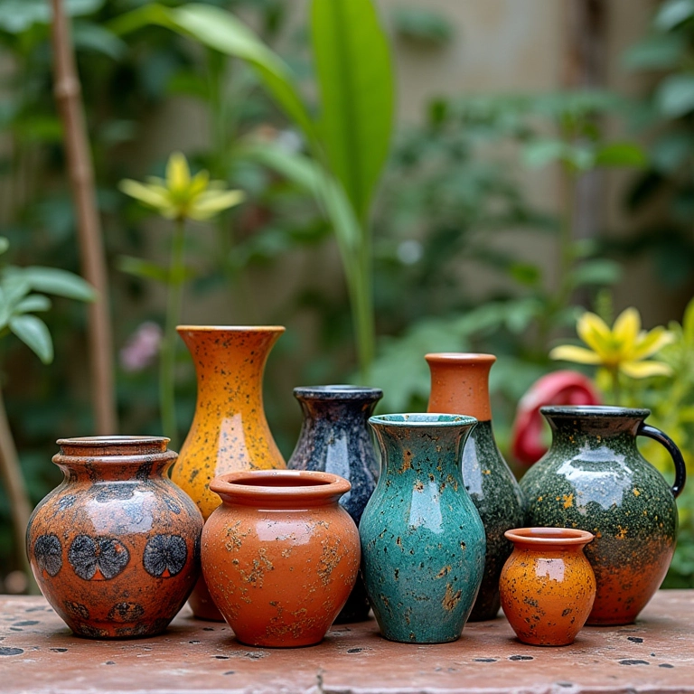 Coleção de vasos pintados diversos: terracota, vidro, plástico.