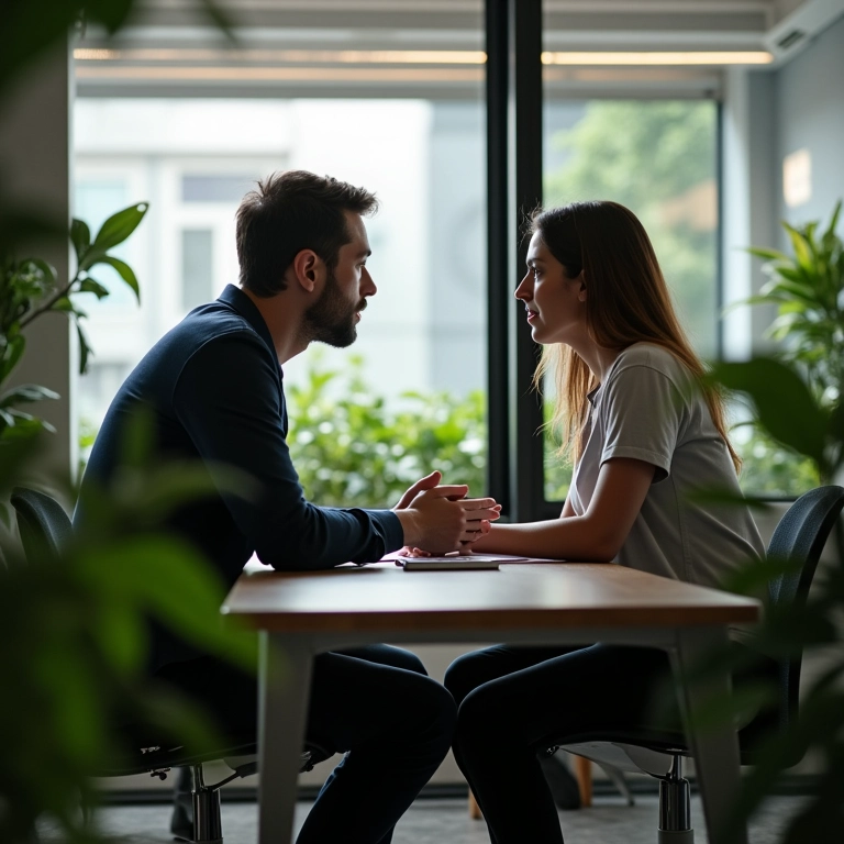Colegas conversando em local reservado para feedback.