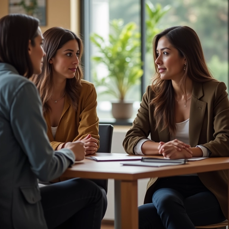Colegas em reunião individual para discutir progresso.