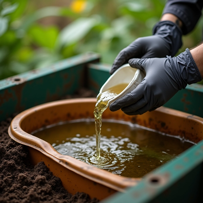 Coletando o chorume da vermicompostagem.