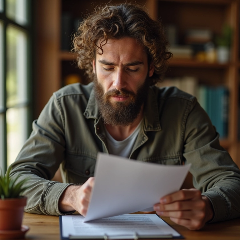 Coletor de castanhas examinando contrato de contratação de funcionário.